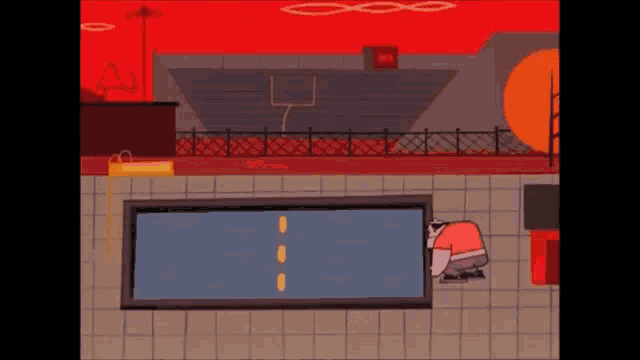 a cartoon drawing of a man kneeling next to a pool