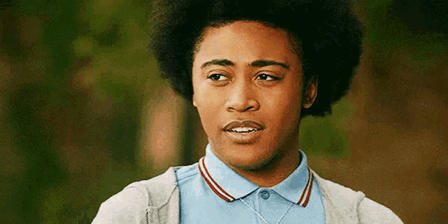a young man with an afro is wearing a blue polo shirt and a gray hoodie .