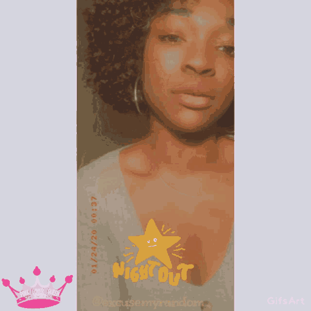 a picture of a woman with a star that says night out on it