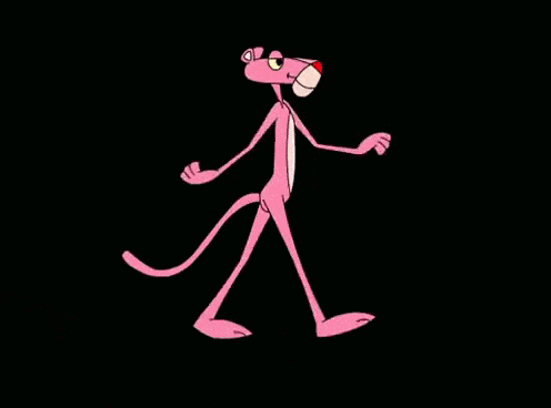 a pink panther is walking on a black background and looking at the camera .