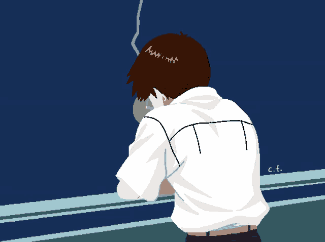 a pixel art drawing of a person with the letters c.f. on the bottom right