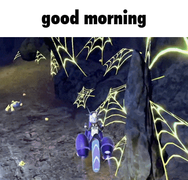 a cartoon character is riding a motorcycle and the words good morning are above him