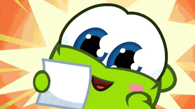 a cartoon frog is holding a piece of paper and smiling