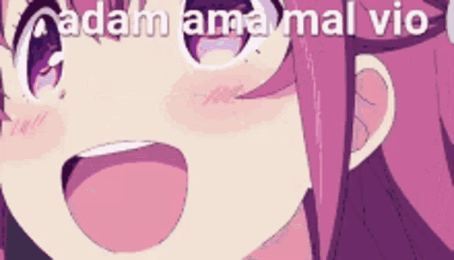 a close up of a pink anime girl with the words adam ama mal vio written on it