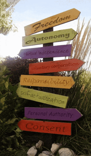 a sign that says freedom autonomy mutual independence voluntary cooperation responsibility self-actualization personal authority and consent