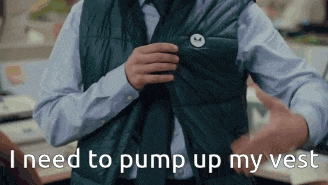 a man wearing a vest that says ' i need to pump up my vest '