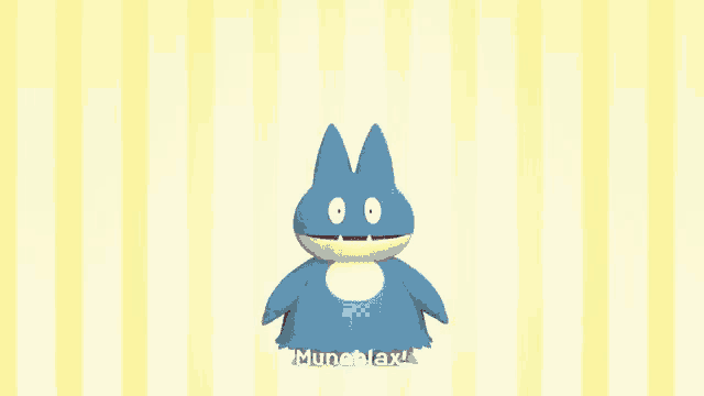 a blue pokemon with its mouth open says munchlax on a yellow and white striped background