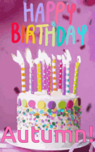 a birthday card for autumn with a cake with candles on it