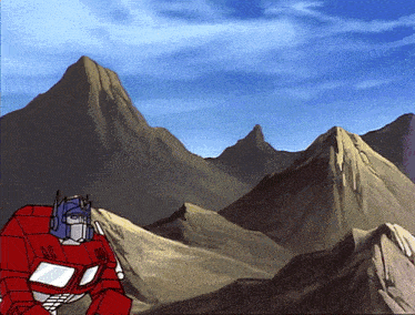 a cartoon drawing of a robot standing in front of a mountain