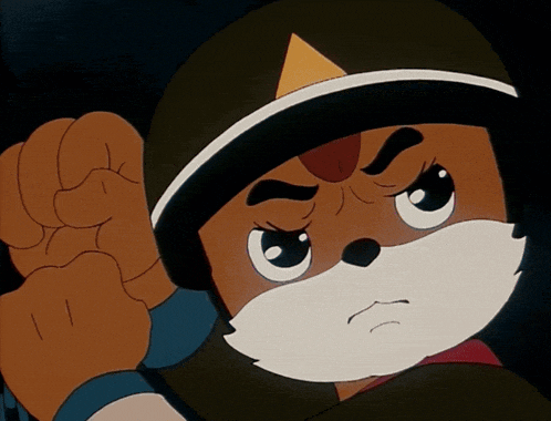 a close up of a cartoon character wearing a hat with a yellow triangle on it