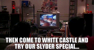 two people are sitting in front of a tv with the words then come to white castle and try our slyder special