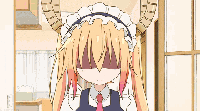a cartoon of a maid with horns making a face