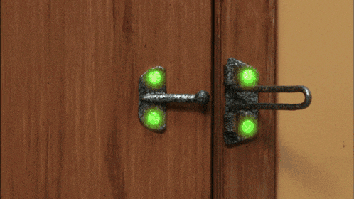 a robot is standing in front of a wooden door and says oookay