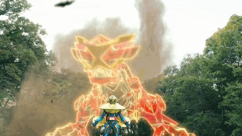 a cartoon character is surrounded by trees and a glowing monster