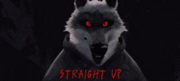 a raccoon with red eyes and the words straight up behind it