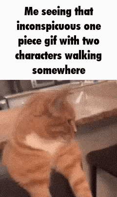 a cat is sitting on a couch with a gif of two characters walking somewhere behind it .