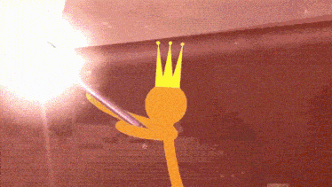 a yellow stick figure with a crown on his head is holding a sword