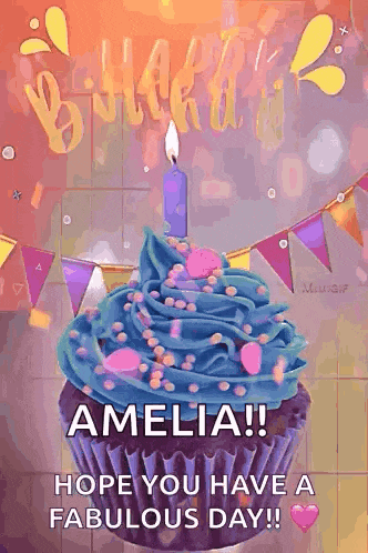 a birthday card with a cupcake with blue frosting and a candle says amelia hope you have a fabulous day