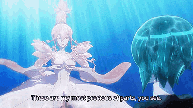 a woman in a white dress is standing next to a man in a blue bubble and says these are my most precious of parts