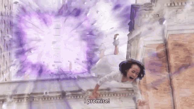 a woman in a white dress is falling from a building and screaming .