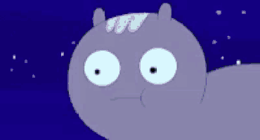 a cartoon character with big eyes and a purple head