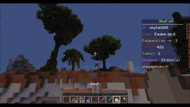 a screenshot of a minecraft game with the name skyfall on the top