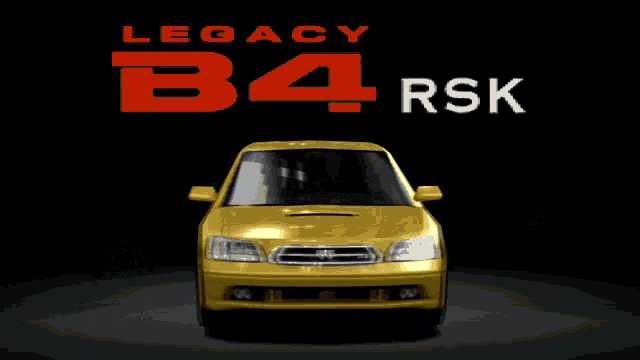 a yellow car with legacy b4 rsk written on the top