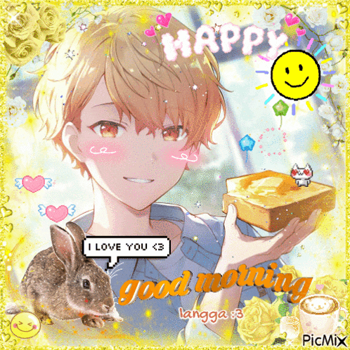 a picture of a boy holding a piece of toast that says i love you < 3