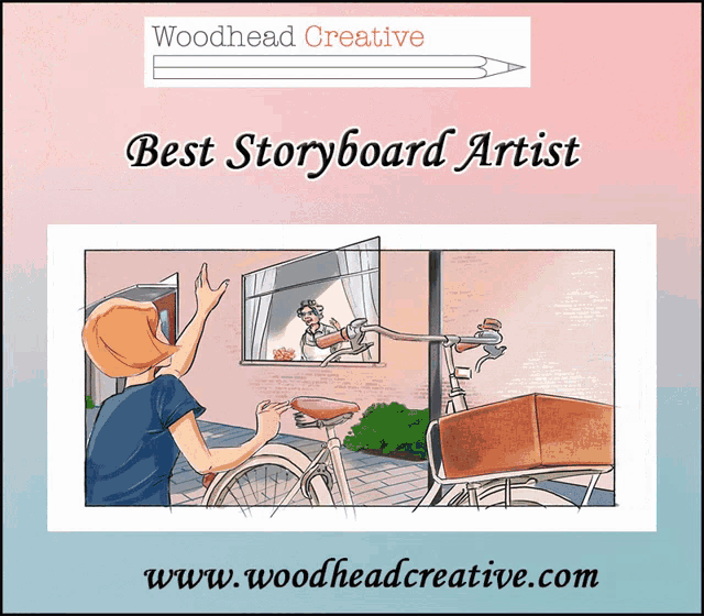 a cartoon of a man on a bike with the website www.woodheadcreative.com below it