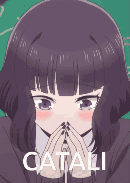 a girl with purple hair is covering her face with her hands and the word catali is on the bottom