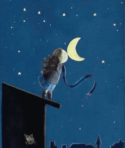 a little girl is standing on a roof holding a crescent moon in her hand .