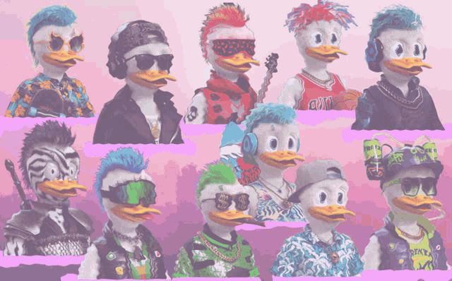 a bunch of cartoon ducks with different hairstyles one of which is wearing a basketball jersey with the word evil on it