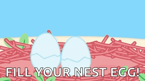 a cartoon of two birds hatching from an egg with the words fill your nest egg .