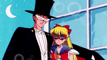 a man in a top hat and a woman in a mask are standing next to each other in front of a window