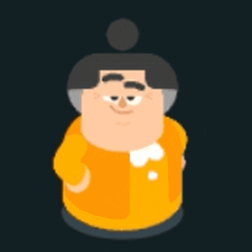 a cartoon character with a bun on his head is wearing a yellow shirt .