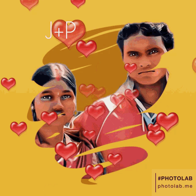 a man and a woman are surrounded by hearts and the letters j and p are visible