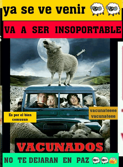 a poster with a sheep on top of a truck that says vacunados on it
