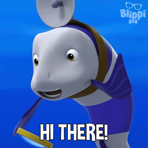 a cartoon dolphin says hi there with a magnifying glass in its mouth