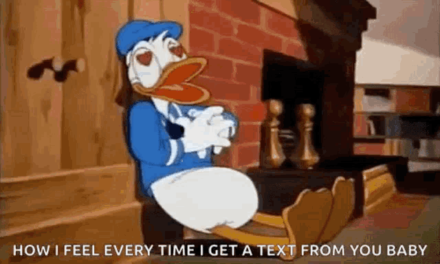 donald duck is sitting on a bench in front of a fireplace with his feet up and a text from a baby .