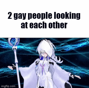 two gay people looking at each other with a picture of a wizard .