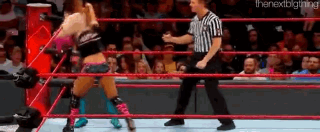 a referee is standing in the middle of a wrestling ring with a wrestler in the corner .