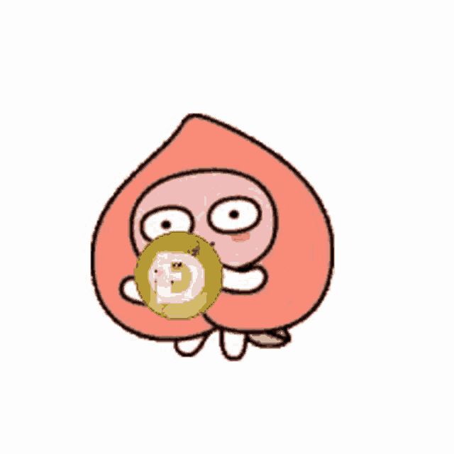 a cartoon peach is holding a gold coin with the letter d on it
