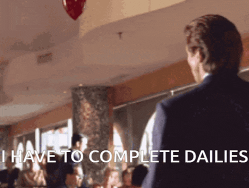 a man in a suit says " i have to complete dailies " in front of a restaurant