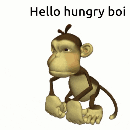 a cartoon monkey waving with the words hello hungry boi above it
