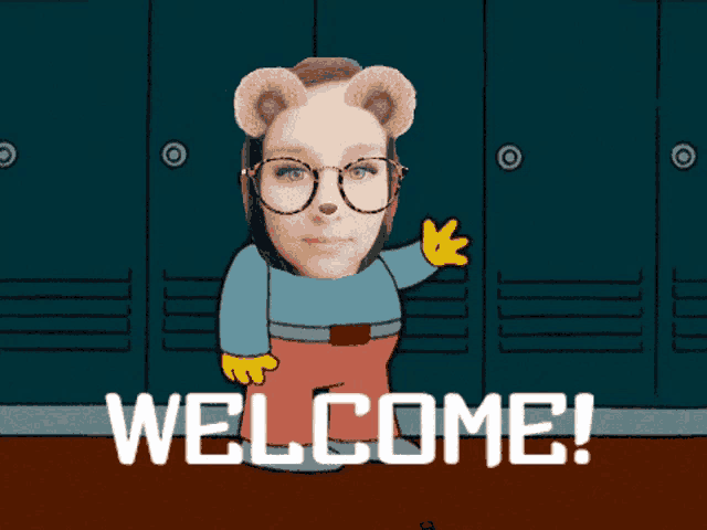 a cartoon of a woman wearing glasses and a teddy bear mask with the words welcome below her