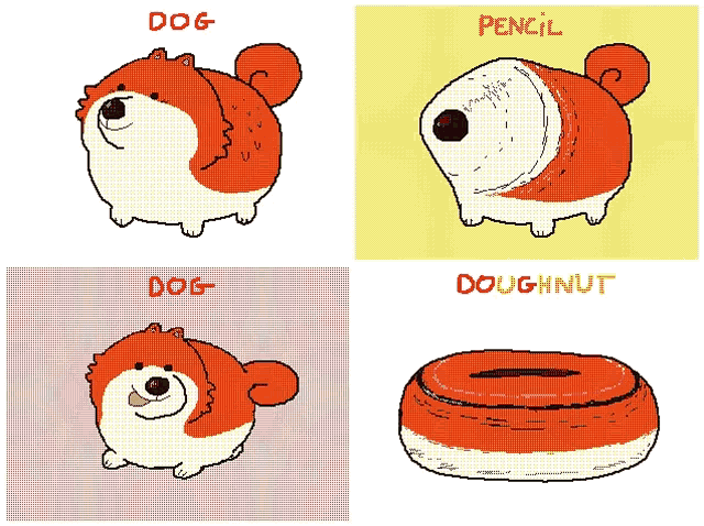 a drawing of a dog and a doughnut with the words dog and pencil above them