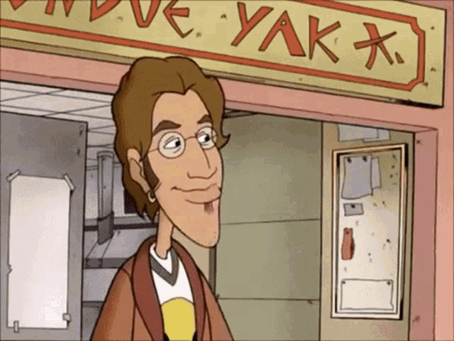 a cartoon man is standing in front of a sign that says yak
