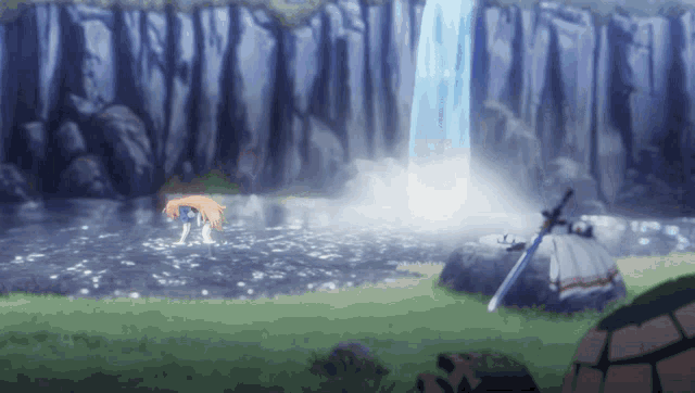 a waterfall is visible in the background of this animated scene