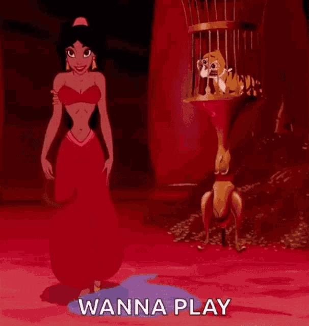 jasmine from aladdin is dancing in front of a bird cage with a tiger in it .