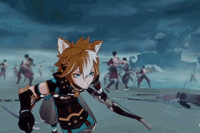 a cartoon character with a fox ear and a bow and arrow